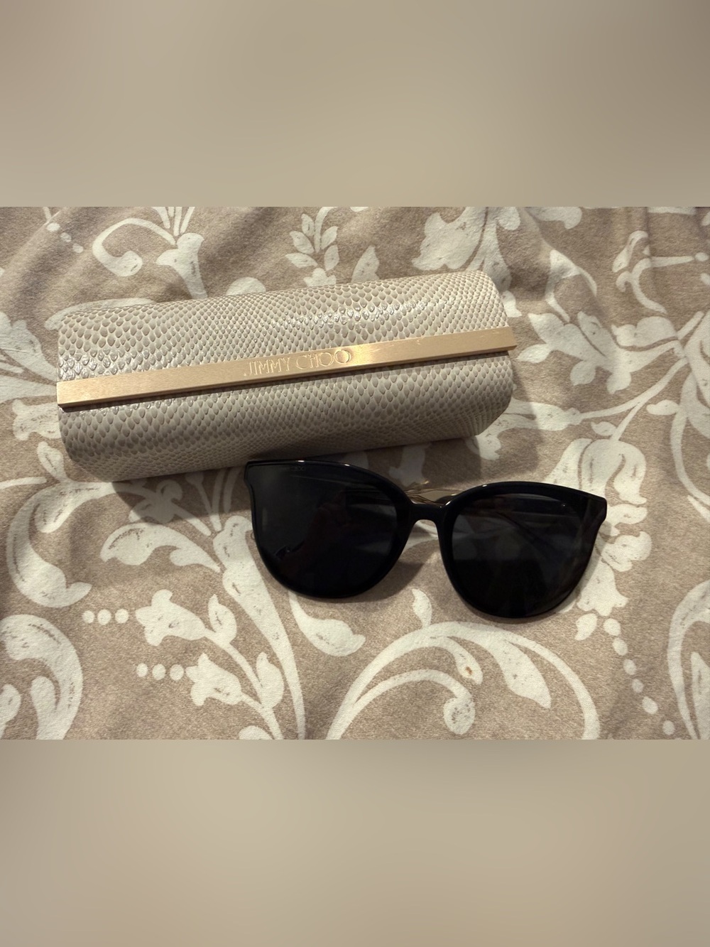 Jimmy Choo Black Cat-Eye Sunglasses with Cream Textured Case